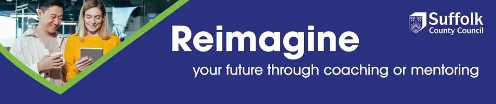 Reimagine your future logo in white writing with blue background. SCC logo in the corner. 