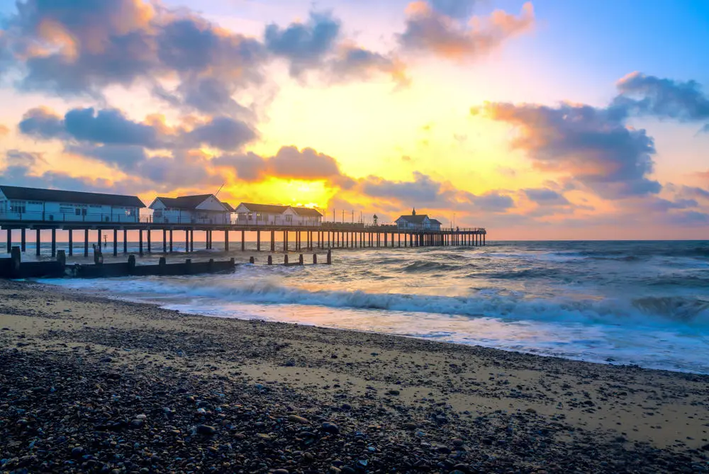 A beach and pier in Suffolk